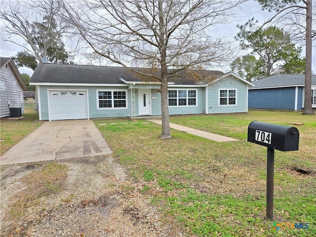 ranch-style home with central AC, a garage, and a front lawn