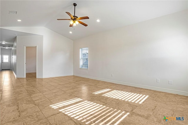 1102 Indian Mallow Dr, Temple, TX 76502 - empty room with vaulted ceiling, a ceiling fan, visible vents, and plenty of natural light
