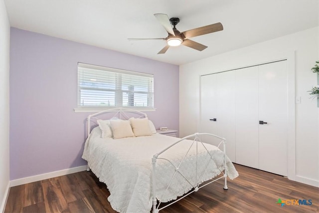 8371 Lower Troy Rd, Temple, TX 76501 - bedroom with wood finished floors, a closet, baseboards, and ceiling fan