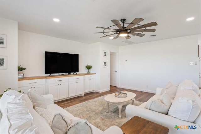 8371 Lower Troy Rd, Temple, TX 76501 - living room with a ceiling fan, recessed lighting, wood finished floors, and baseboards