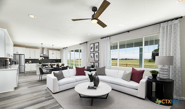 living room featuring plenty of natural light, ceiling fan, a textured ceiling, and light hardwood / wood-style flooring