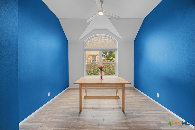 9100 Brimstone Ln, Austin, TX 78717 - home office featuring a ceiling fan, wood finished floors, vaulted ceiling, and baseboards