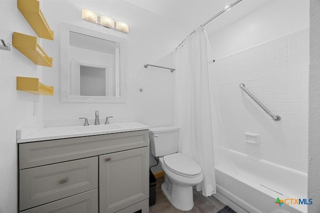9100 Brimstone Ln, Austin, TX 78717 - full bathroom featuring toilet, vanity, shower / bath combination with curtain, and wood finished floors