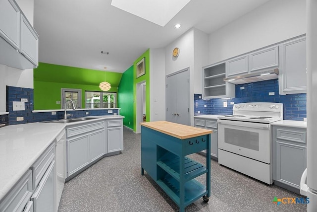 9100 Brimstone Ln, Austin, TX 78717 - kitchen featuring electric stove, open shelves, under cabinet range hood, butcher block countertops, and a sink