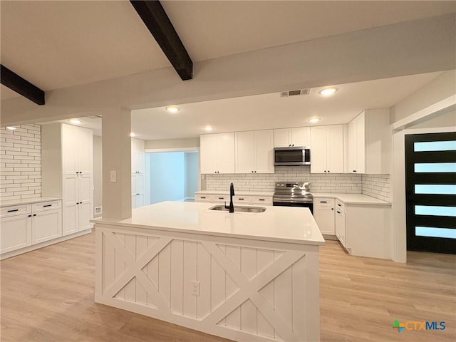 4310 Antelope Trl, Temple, TX 76504 - kitchen featuring stainless steel appliances, beamed ceiling, tasteful backsplash, white cabinetry, and recessed lighting