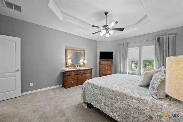 721 Gallagher Dr, Canyon Lake, TX 78133 - bedroom featuring a raised ceiling, light carpet, a ceiling fan, baseboards, and a textured wall