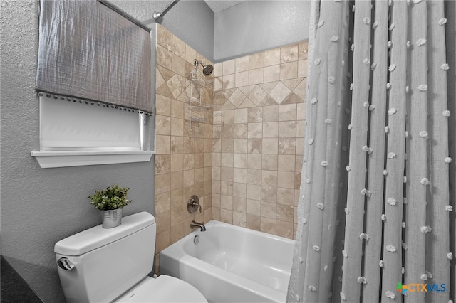 721 Gallagher Dr, Canyon Lake, TX 78133 - bathroom featuring a textured wall, shower / bath combination with curtain, and toilet