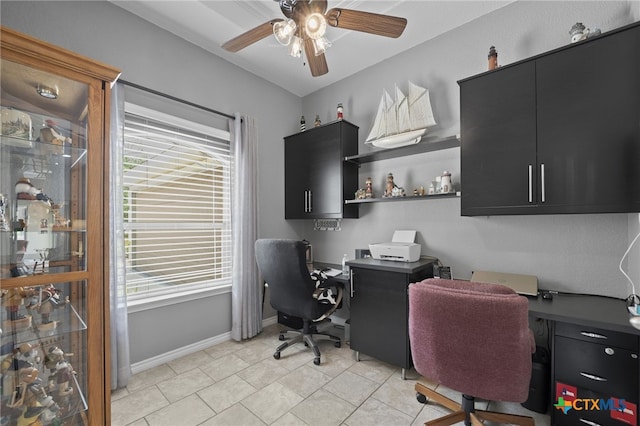 721 Gallagher Dr, Canyon Lake, TX 78133 - office space with ceiling fan, plenty of natural light, baseboards, and light tile patterned floors