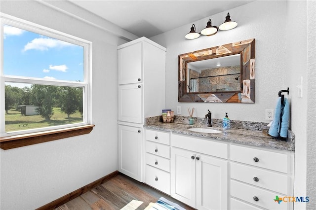 bathroom with a shower, vanity, and hardwood / wood-style flooring