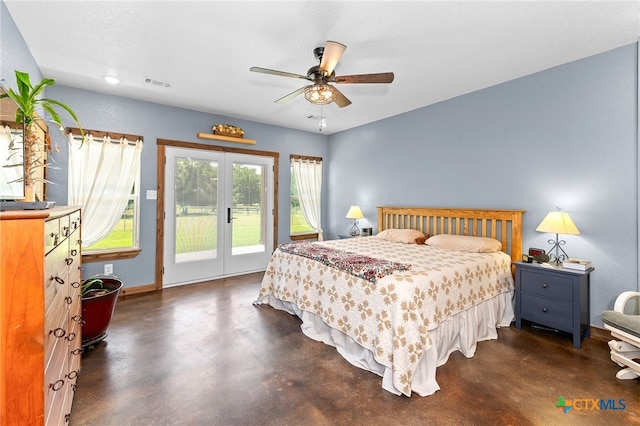 bedroom featuring ceiling fan, access to exterior, and french doors