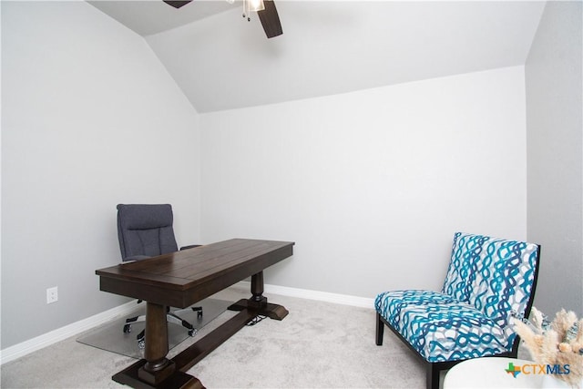 2109 Mercer St, Nolanville, TX 76559 - carpeted home office featuring vaulted ceiling, baseboards, and ceiling fan