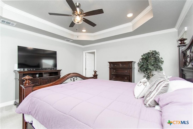 2109 Mercer St, Nolanville, TX 76559 - bedroom featuring a ceiling fan, visible vents, a raised ceiling, and ornamental molding
