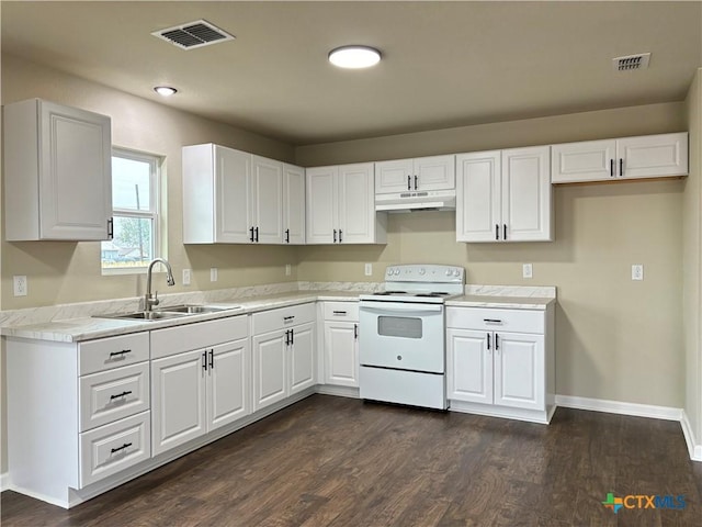 kitchen featuring white cabinets, white range with electric stovetop, dark hardwood / wood-style flooring, and sink