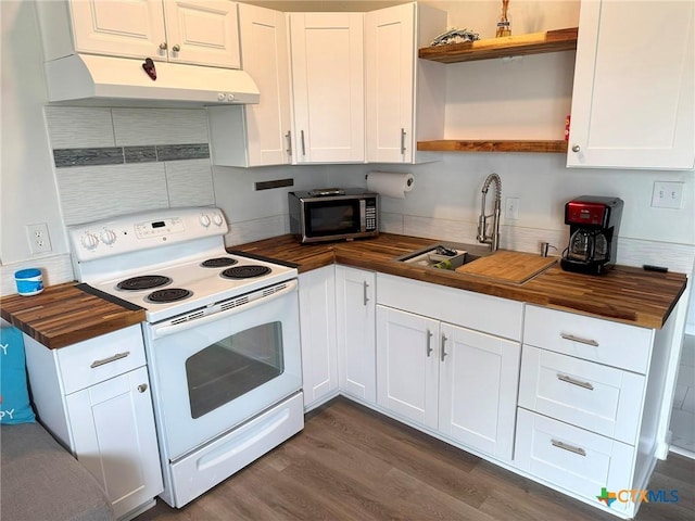 1008 W Dallas Ave, Seadrift, TX 77983 - kitchen with stainless steel microwave, open shelves, wooden counters, and electric range