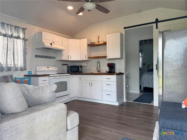 1008 W Dallas Ave, Seadrift, TX 77983 - kitchen with stainless steel appliances, open floor plan, ceiling fan, under cabinet range hood, and lofted ceiling