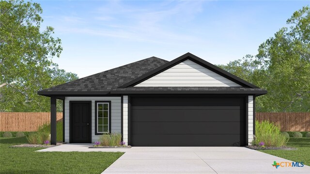 view of front of home with fence, a shingled roof, driveway, and a garage