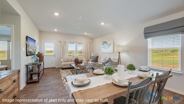 dining room with baseboards, visible vents, recessed lighting, and dark wood finished floors