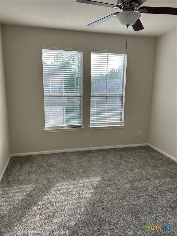 carpeted spare room with ceiling fan