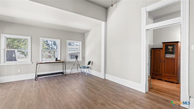 spare room with wood finished floors, a healthy amount of sunlight, and baseboards