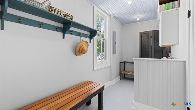 mudroom featuring electric panel and baseboards