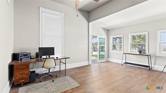 office area featuring ceiling fan, baseboards, and wood finished floors