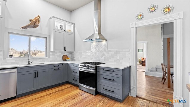 kitchen with decorative backsplash, gray cabinets, stainless steel appliances, wall chimney exhaust hood, and a sink