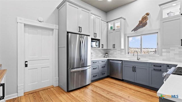 kitchen with light wood-style flooring, gray cabinets, a sink, appliances with stainless steel finishes, and tasteful backsplash