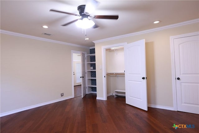 unfurnished bedroom with a ceiling fan, visible vents, wood finished floors, baseboards, and recessed lighting
