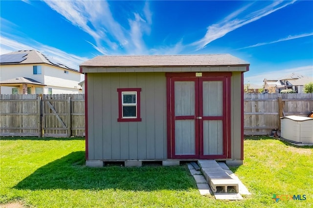 view of shed featuring a fenced backyard