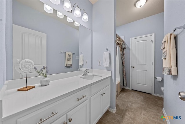 full bathroom with toilet, vanity, and shower / tub combo with curtain