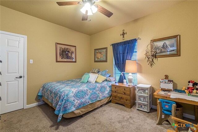 bedroom featuring ceiling fan and light colored carpet