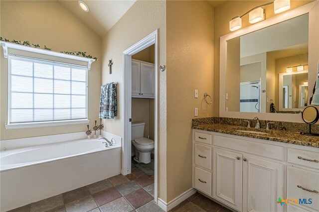 bathroom with toilet, vanity, vaulted ceiling, and a tub