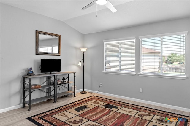 4904 Sodalite Ct, Killeen, TX 76542 - office space featuring a ceiling fan, light wood-style floors, lofted ceiling, and baseboards