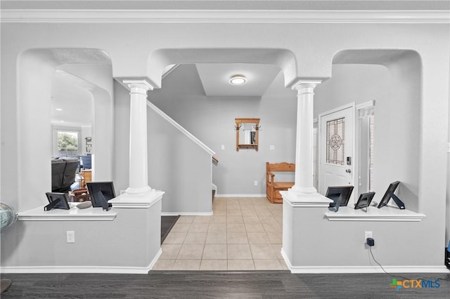 4904 Sodalite Ct, Killeen, TX 76542 - tiled foyer with decorative columns, baseboards, and stairs