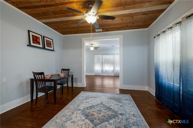 721 W Kings Hwy, San Antonio, TX 78212 - dining area featuring wooden ceiling, a ceiling fan, crown molding, wood finished floors, and baseboards