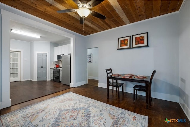 721 W Kings Hwy, San Antonio, TX 78212 - dining space with wood ceiling, ceiling fan, dark wood finished floors, and baseboards