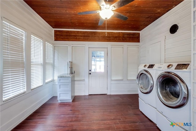 721 W Kings Hwy, San Antonio, TX 78212 - laundry room with wooden ceiling, washer and clothes dryer, ceiling fan, dark wood finished floors, and baseboards