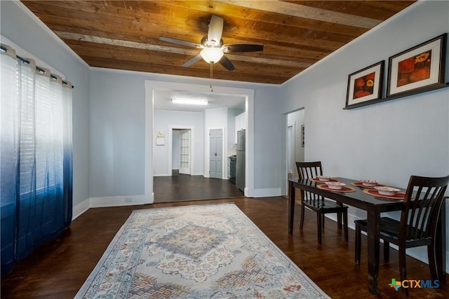 721 W Kings Hwy, San Antonio, TX 78212 - dining room featuring wood ceiling, a ceiling fan, dark wood-style floors, baseboards, and crown molding