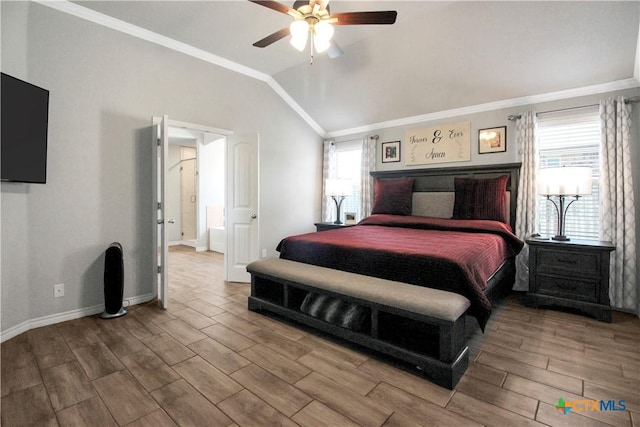 bedroom featuring vaulted ceiling, ornamental molding, and ceiling fan