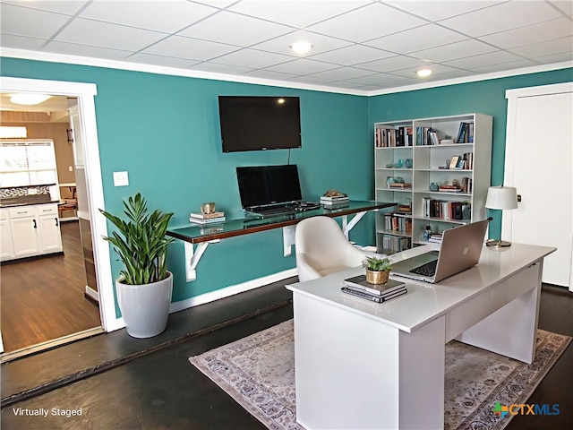 office space with dark hardwood / wood-style flooring and crown molding