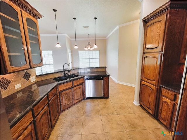 6409 Jovana Dr, Killeen, TX 76542 - kitchen with dishwasher, glass insert cabinets, ornamental molding, pendant lighting, and a peninsula