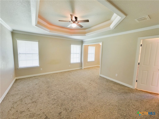 6409 Jovana Dr, Killeen, TX 76542 - empty room with a tray ceiling, ornamental molding, a ceiling fan, a textured ceiling, and carpet flooring