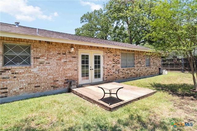 1322 Rivercrest Dr, New Braunfels, TX 78130 - rear view of house featuring french doors, brick siding, crawl space, and a wooden deck