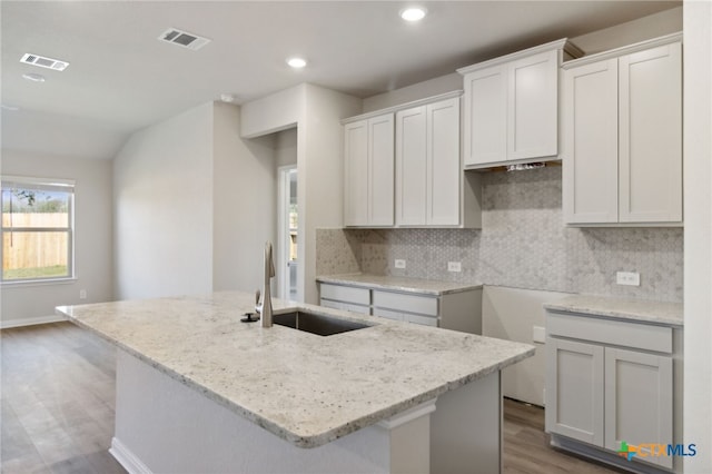 kitchen with white cabinetry, sink, and an island with sink