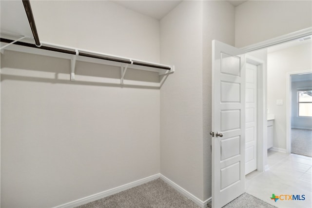 walk in closet with light carpet