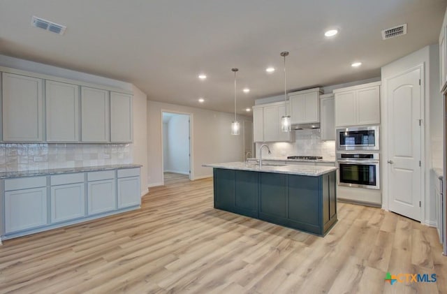 2829 Maximilian Ln, New Braunfels, TX 78130 - kitchen featuring stainless steel appliances, decorative backsplash, light wood-style floors, recessed lighting, and a center island with sink