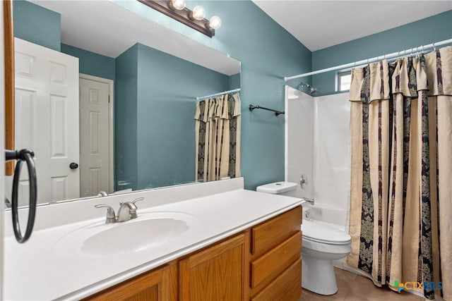 full bathroom featuring vanity, tile patterned flooring, shower / bath combo, and toilet