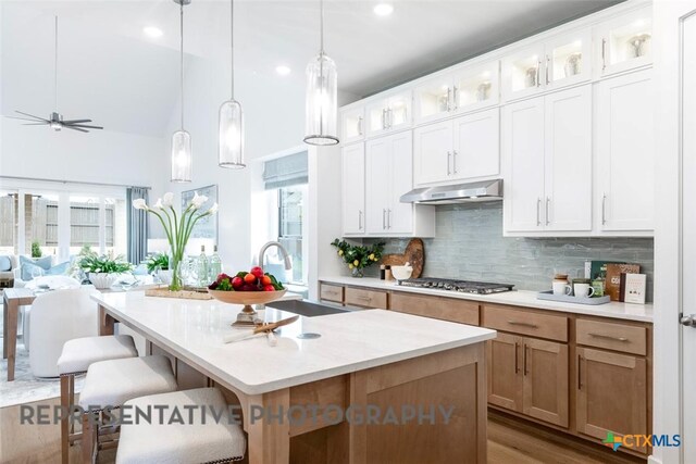 221 Dycus Bnd, Liberty Hill, TX 78642 - kitchen featuring stainless steel gas cooktop, under cabinet range hood, a sink, tasteful backsplash, and light countertops