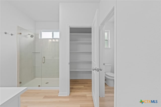 bathroom featuring wood-type flooring, vanity, toilet, and a shower with shower door