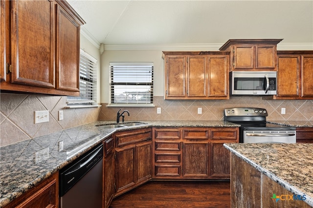 kitchen with sink, dark hardwood / wood-style floors, backsplash, appliances with stainless steel finishes, and ornamental molding